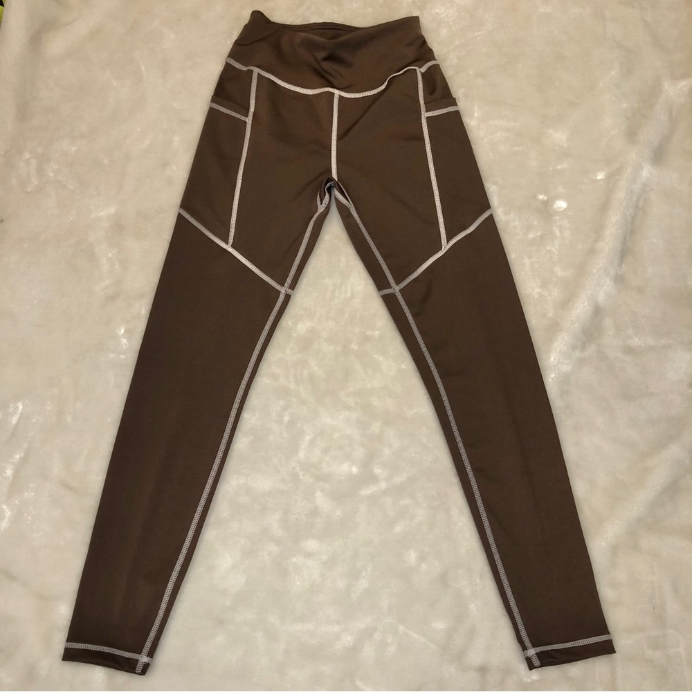 LA + Image Brown Yoga Pants with White Stitching Size Small